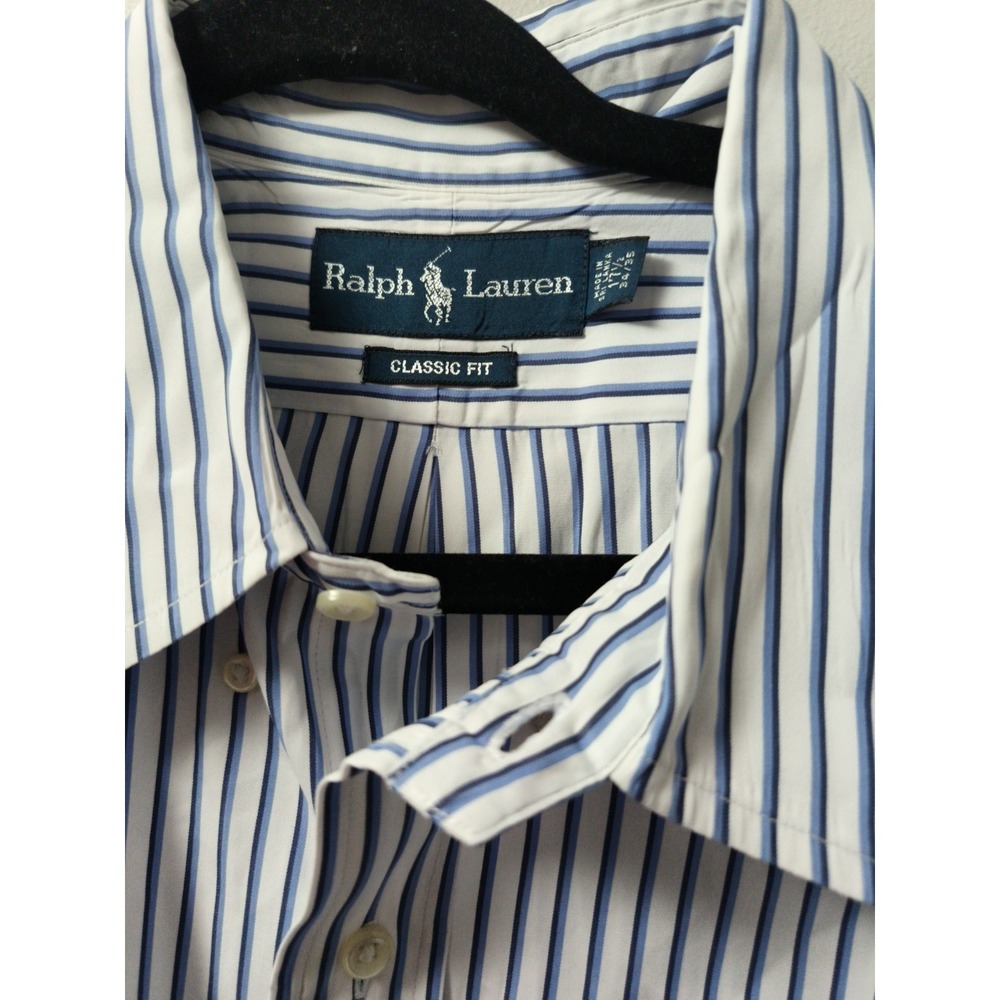 Ralph Lauren Men Size 17.5 34/35 Classic Fit  LS White Blue Purple Striped Shirt